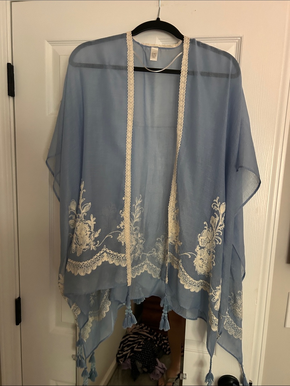 Cato Sheer Blue Embroidered Kimono with Cream Lace Trim